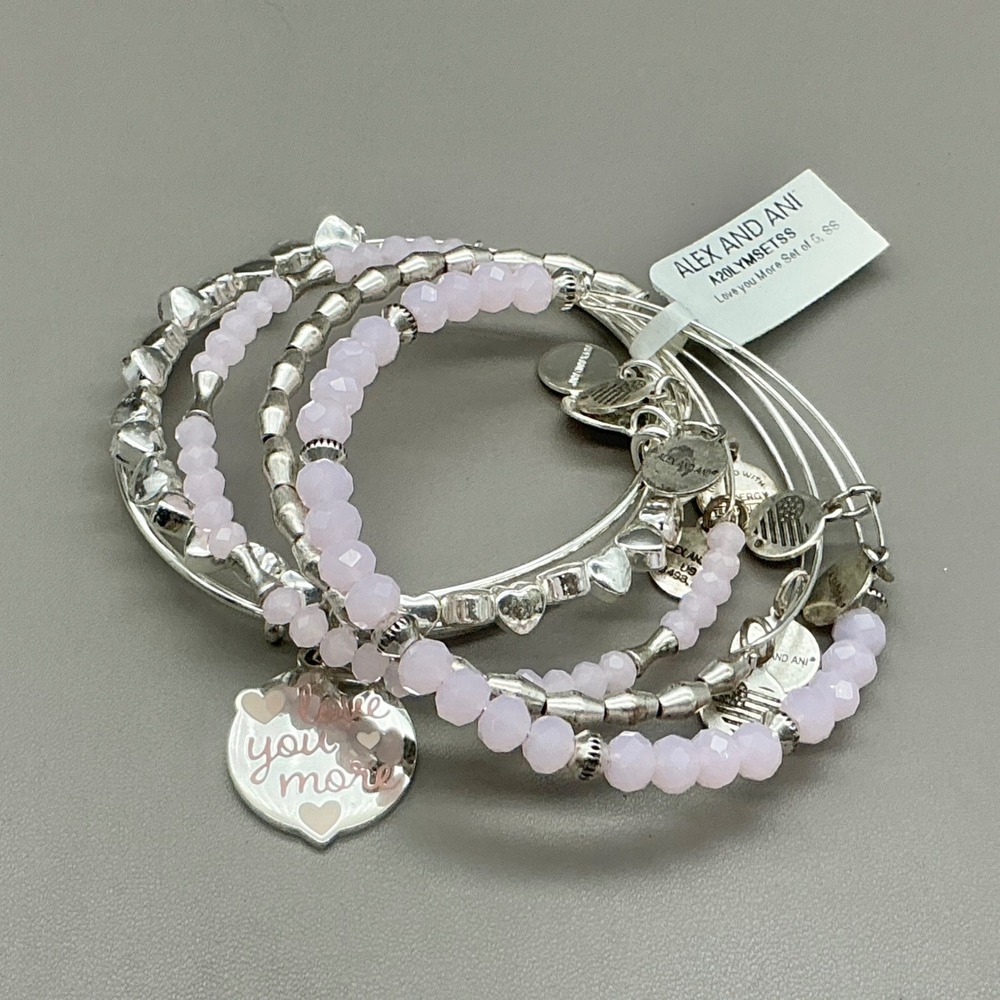 Alex And Ani Bracelet Set Pink Silver Tone Love You More Bangle Beaded Heart